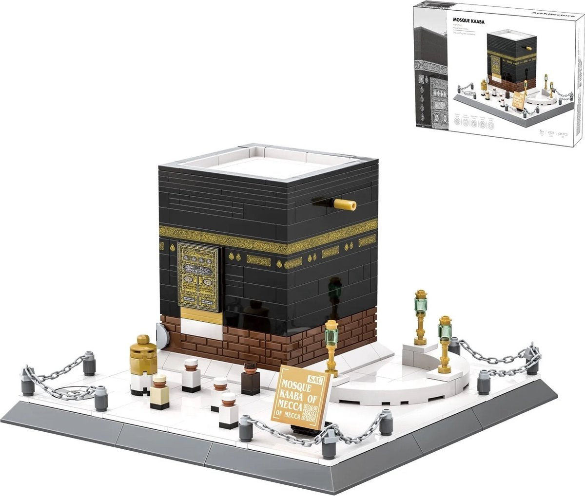 Blocs Kaaba WANGE, jeu de construction islamique pour enfants, composé de 446 pièces avec détails colorés et éducatifs.