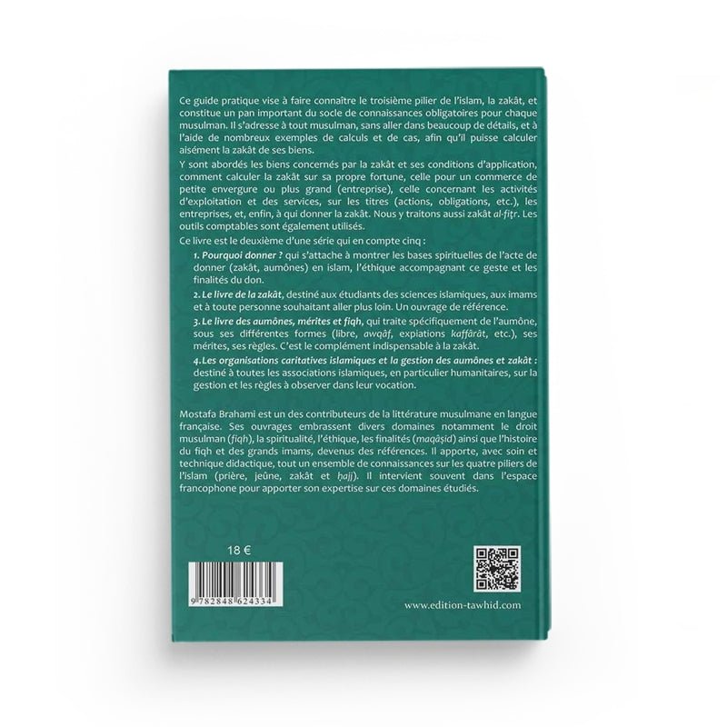Livre Zakat : Guide Pratique par Mostafa Brahami, édition Tawhid, ouvert avec pages illustrées sur la pratique de la Zakat.