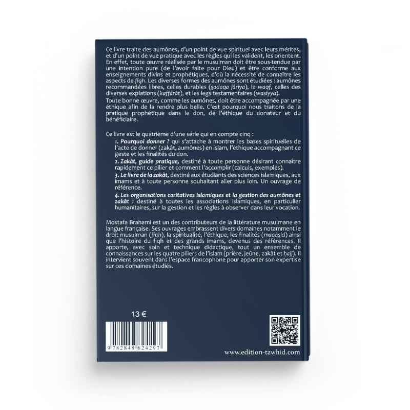 Livre "Le Livre des Aumônes" par Editions Tawhid, couverture avec titre en arabe et design sobre visible en image.
