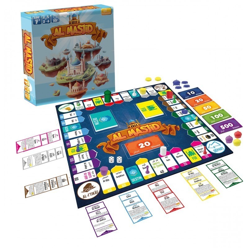Jeu de société Osratouna Al Masjid – Construis ta mosquée, jeu pour enfants avec pièces colorées et images éducatives.