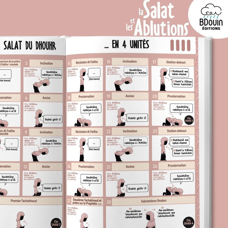 Livre illustré pour fille sur la salat et les ablutions, guide musulman de Bdouin avec images éducatives.