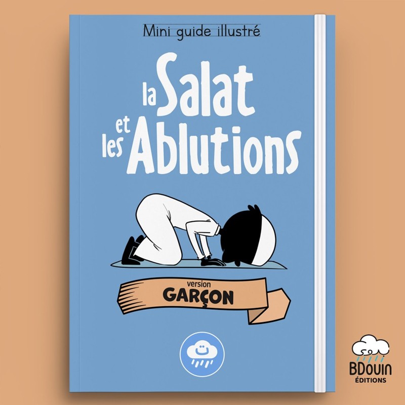 Illustrated mini guide book "La Salat Et Les Ablutions" for boys by Bdouin, showcasing colorful pages and engaging illustrations.
