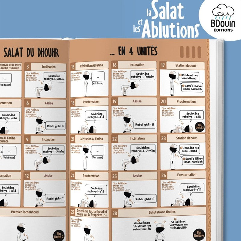 Illustrated mini guide for boys on Salat and ablutions, featuring colorful pages and engaging illustrations by Bdouin.