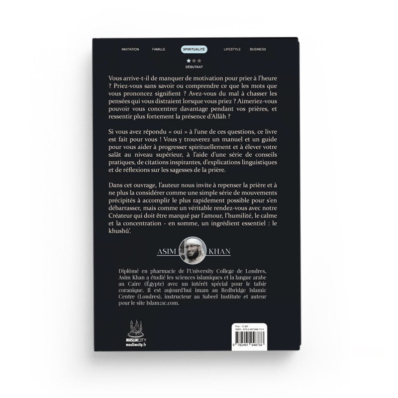 Livre "Donne Vie À Ta Prière" d'Asim Khan, édition Muslim City, montrant la couverture avec des éléments religieux et une calligraphie.