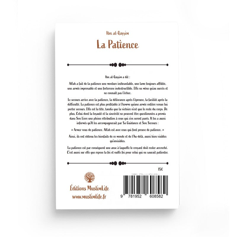 Livre "La patience" d'Ibn al-Qayyim, édition Muslim Life, couverture illustrée en couleur, vue de face.