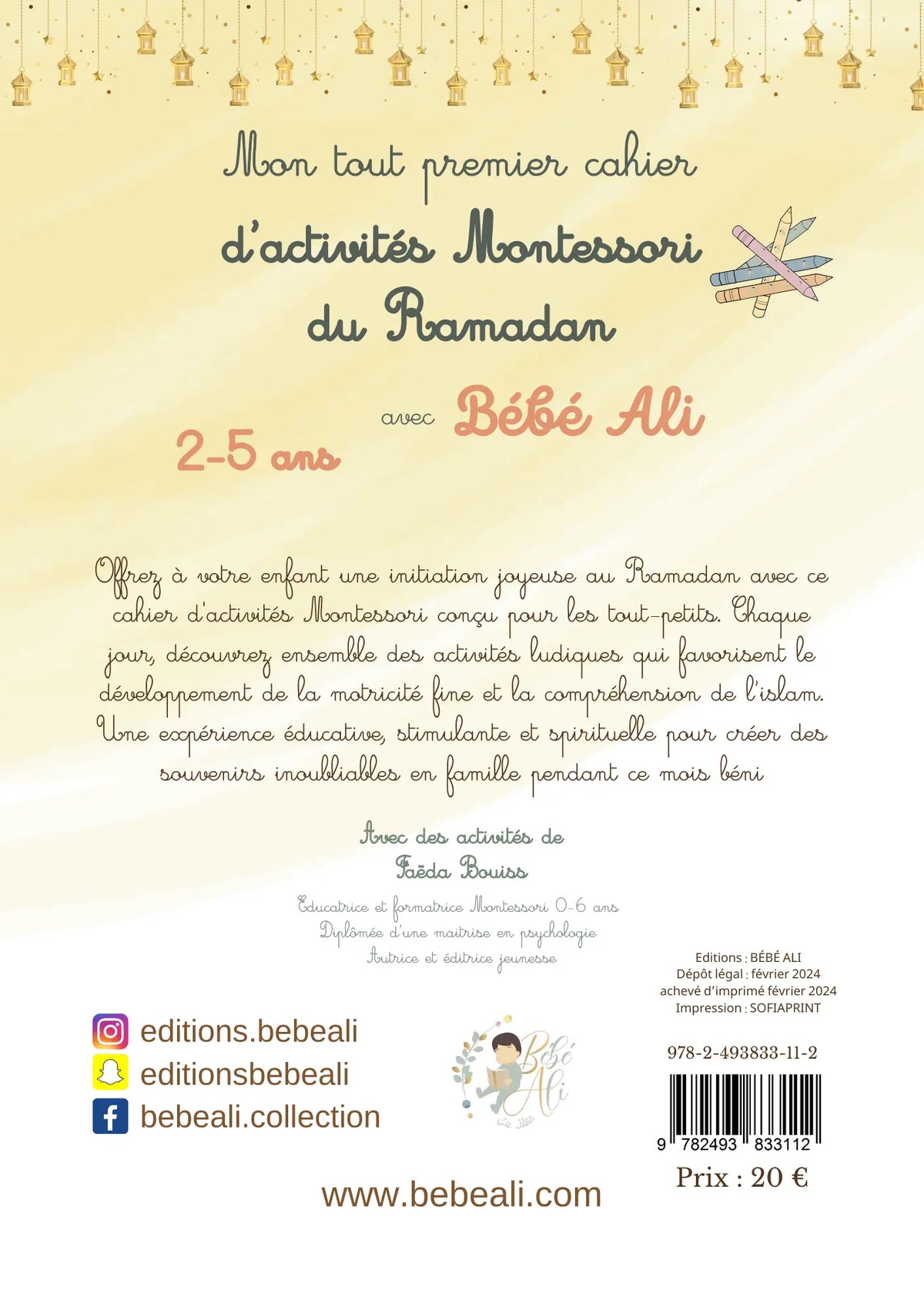 Livre enfant Cahier Montessori Ramadan Bébé Ali avec illustrations colorées pour apprendre et découvrir le Ramadan.