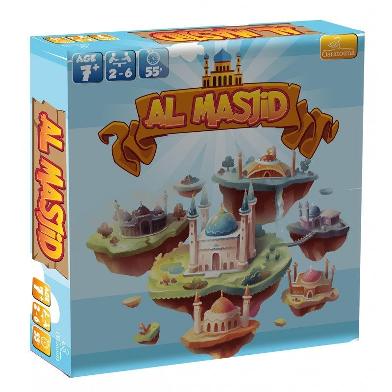 Jeu de société Osratouna Al Masjid - Construis ta Mosquée, jeu pour enfants avec pièces colorées et illustrations éducatives.