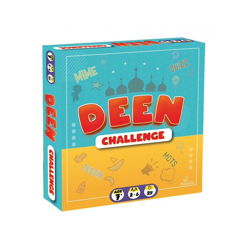 Jeu pour enfants Deen Challenge Osratouna avec 500 questions et défis sur l'islam, comprenant des cartes et accessoires colorés.