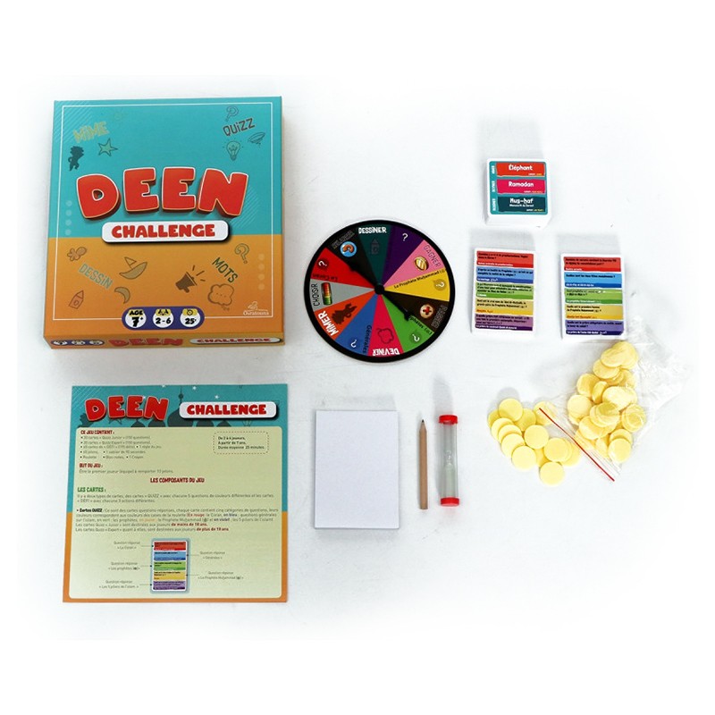 Jeu pour enfants Deen Challenge d'Osratouna avec 500 questions et défis sur l'islam, illustré avec des cartes colorées.