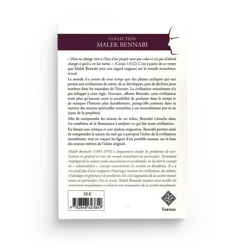 Livre "Les conditions de la Renaissance" de Malek Bennabi, édition Tawhid, couverture avec titre et auteur visibles.