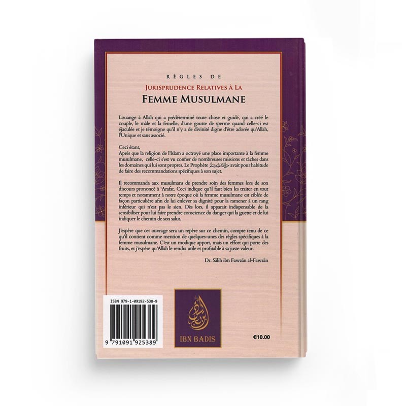 Livre de règles de jurisprudence relatives à la femme musulmane de Sâlih Ibn Fawzân Al-Fawzân, édition Ibn Badis, couverture avec titre visible