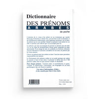 Livre "Dictionnaire des Prénoms Arabes" par Edition Tawhid, ouvert, montrant des pages avec des prénoms arabes et leur signification.