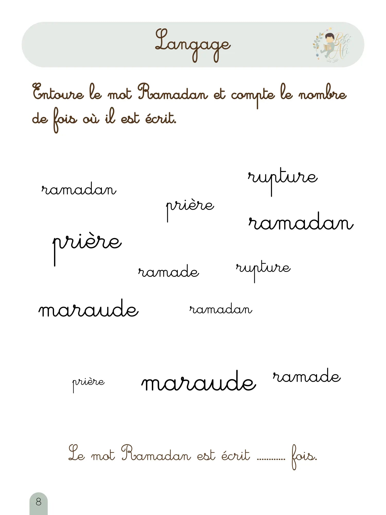 Cahier Montessori Ramadan – Bébé Ali