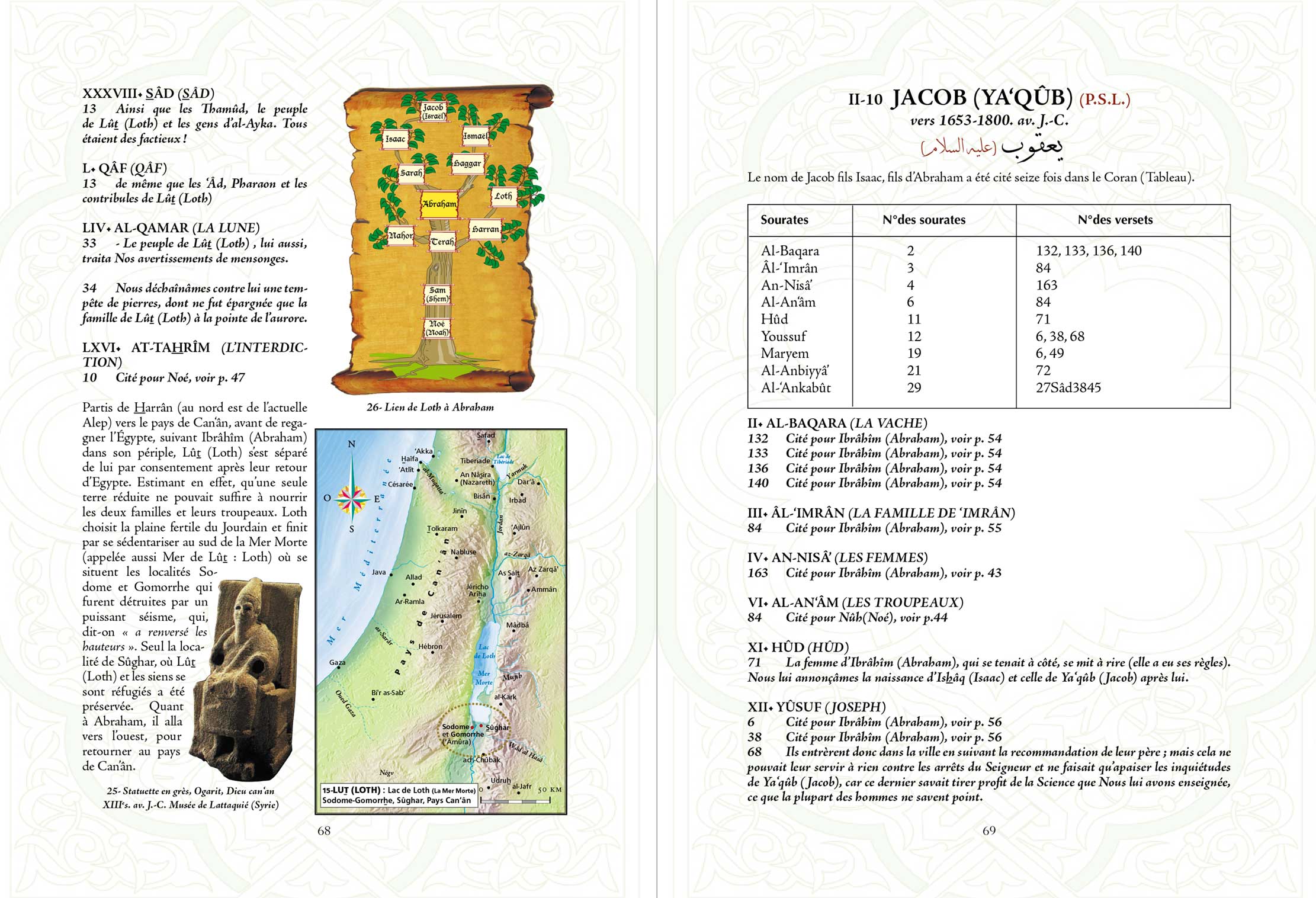 Livre Atlas du Coran de Chawqi Abu Khalil, édition Sana, ouvert montrant des pages avec calligraphie arabe détaillée.