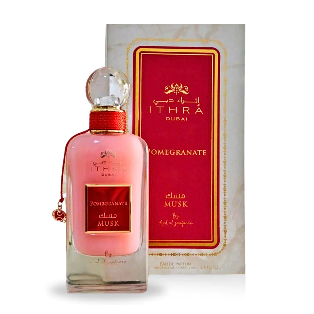 Parfum Ard Al Zaafaran Ithra Dubai Pomegranate Musk en flacon de 100 ml, vaporisateur, parfum floral et fruité.
