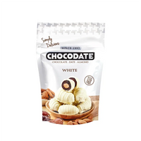Dattes Chocodate Blanc enrobées de chocolat blanc, douce et crémeuse, présentation élégante dans l'image.