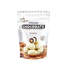 Dattes Chocodate Blanc enrobées de chocolat blanc, douce et crémeuse, présentation élégante dans l'image.