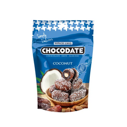Dattes Chocodate avec noix de coco, enrobées de chocolat, présentant une texture douce et une garniture à la noix de coco.