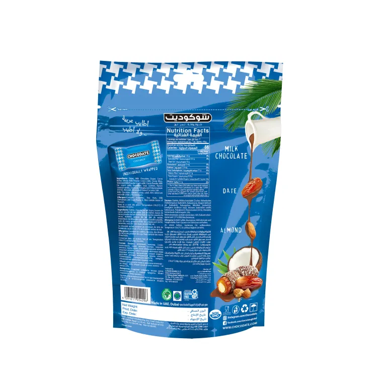 Dattes Chocodate Noix de Coco avec chocolat et noix de coco râpée, en emballage blanc, vue rapprochée.