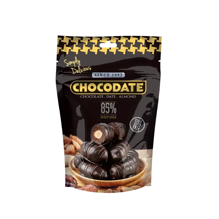 Dattes Chocodate 85% cacao, chocolat noir extra foncé enrobant une datte, texture riche et gourmande, vue de face.