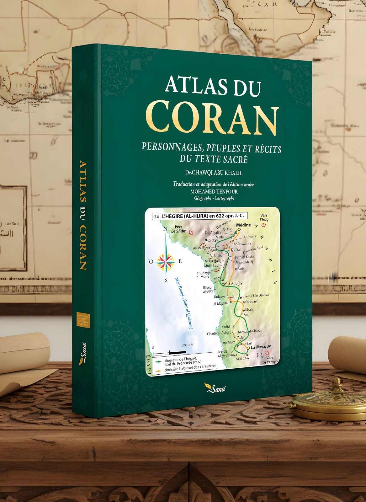 Atlas du Coran de Chawqi Abu Khalil, livre en édition Sana, ouvert montrant des pages avec texte arabe et annotations.