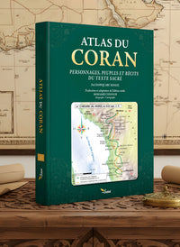 Atlas du Coran de Chawqi Abu Khalil, livre en édition Sana, ouvert montrant des pages avec texte arabe et annotations.
