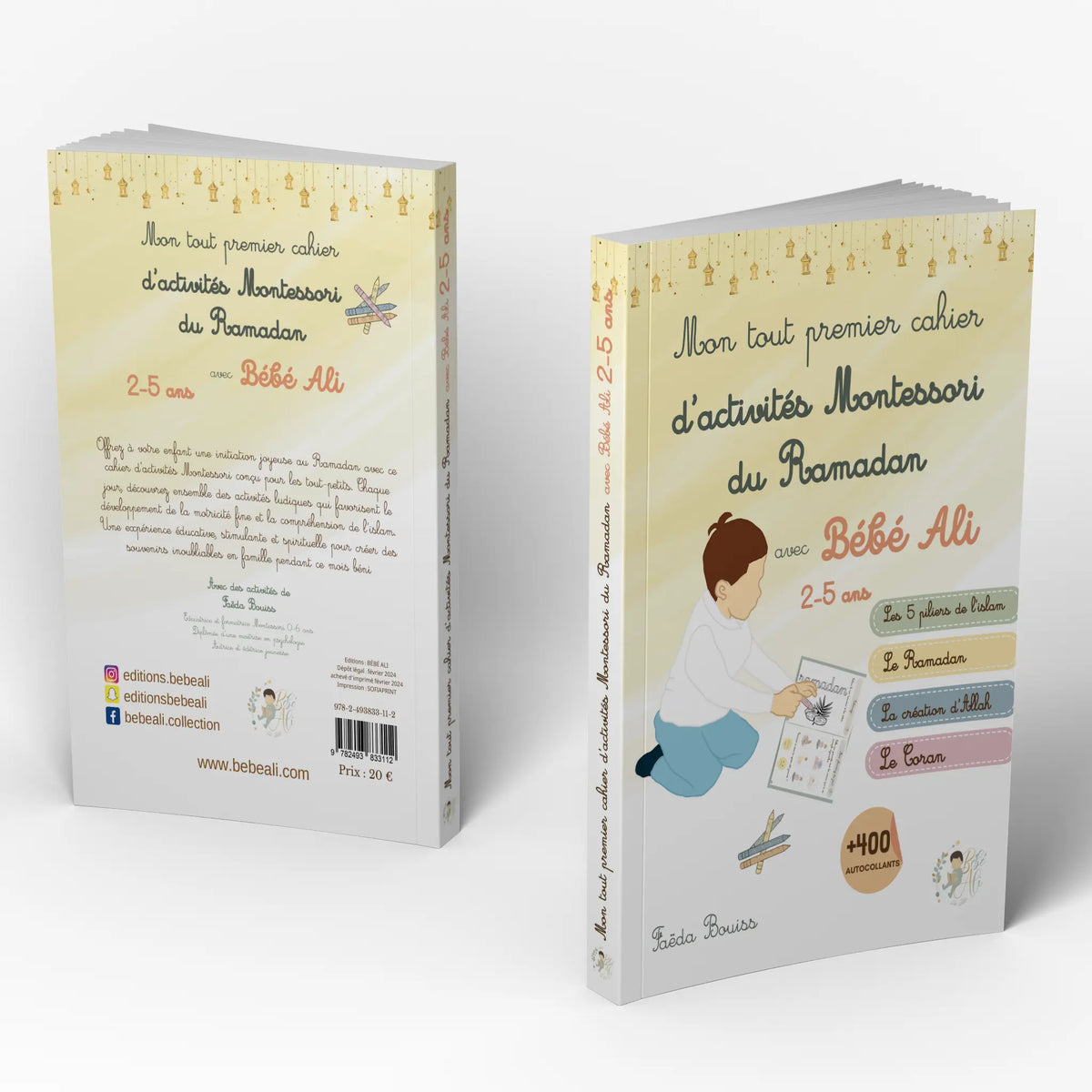 Livre pour enfant Cahier Montessori Ramadan par Bébé Ali, couverture colorée avec illustrations pour les tout-petits.