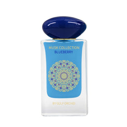 Eau de Parfum Blueberry Musk de Gulf Orchid, flacon de 60 ml avec design blanc et parfum fruité et musqué.