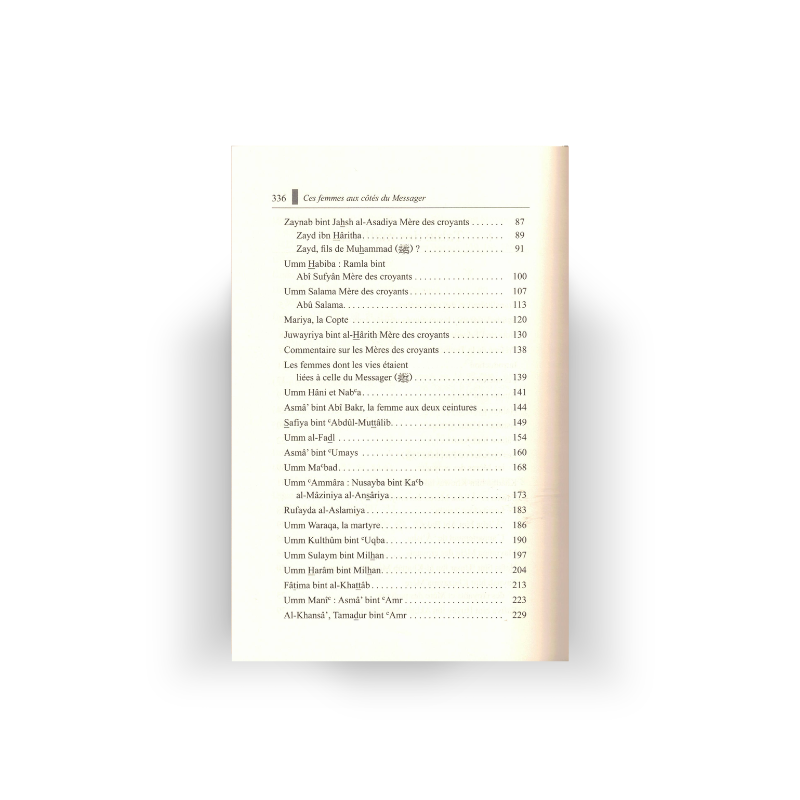 Table des matières du livre Ces Femmes Aux Côtés Du Messager avec les biographies des mères des croyants