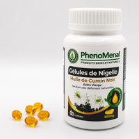 Gélules de Nigelle Phenomenal LAB, complément alimentaire, 60 gélules, visible dans un flacon en plastique blanc.