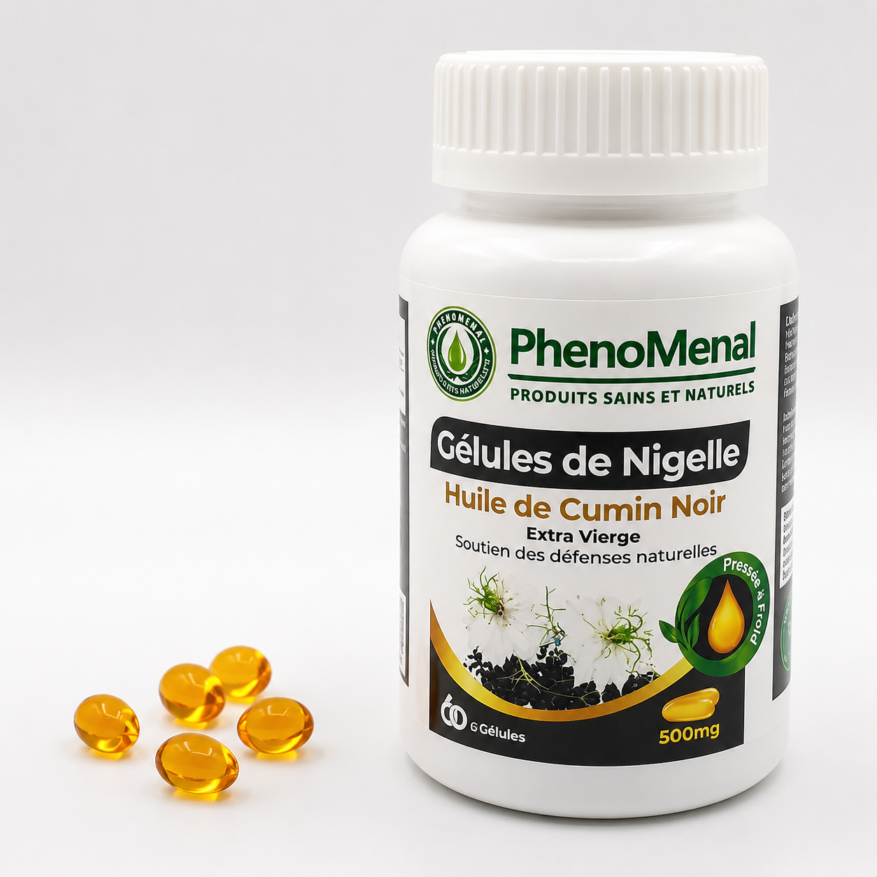 Gélules de Nigelle Phenomenal LAB, complément alimentaire, 60 gélules, visible dans un flacon en plastique blanc.
