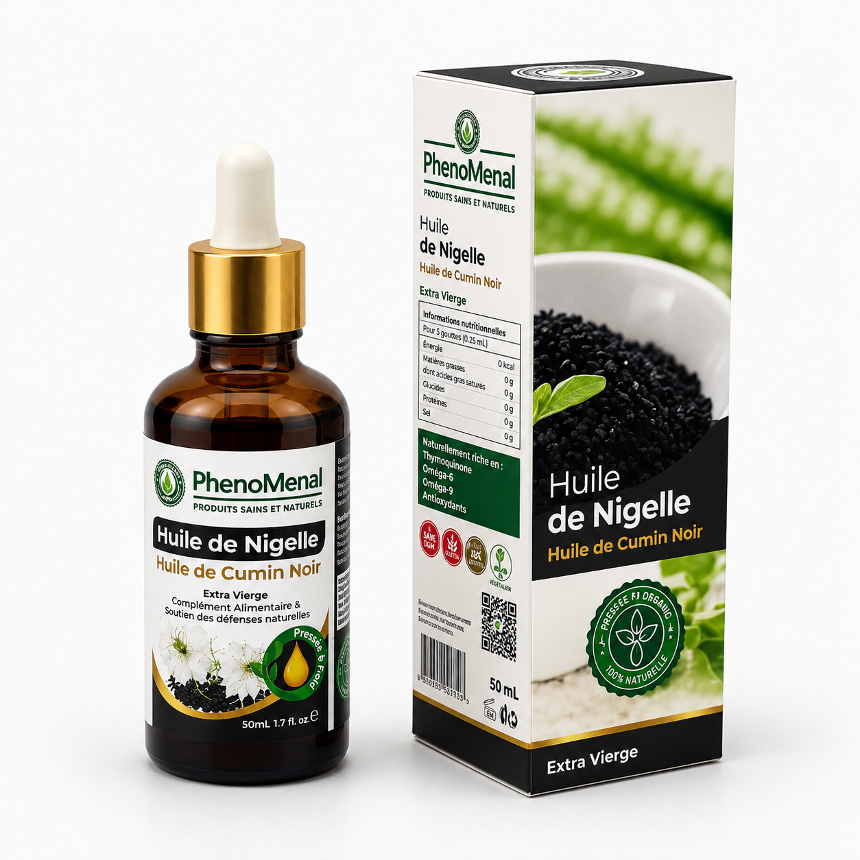 Huile de Nigelle extra vierge PhenoMenal, huile végétale de 50 ml, bouteille avec bouchon noir sur fond blanche.