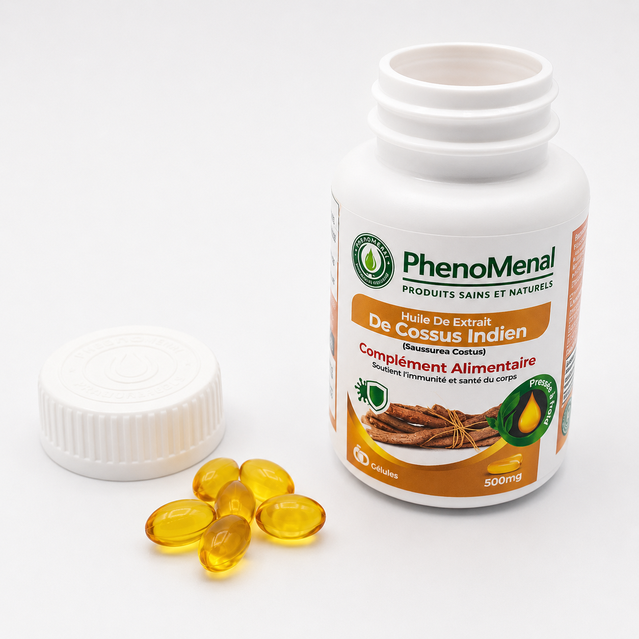 Gélules d'huile de Costus Indien de PhenoMenal LAB, complément alimentaire naturel pour la santé et le bien-être.
