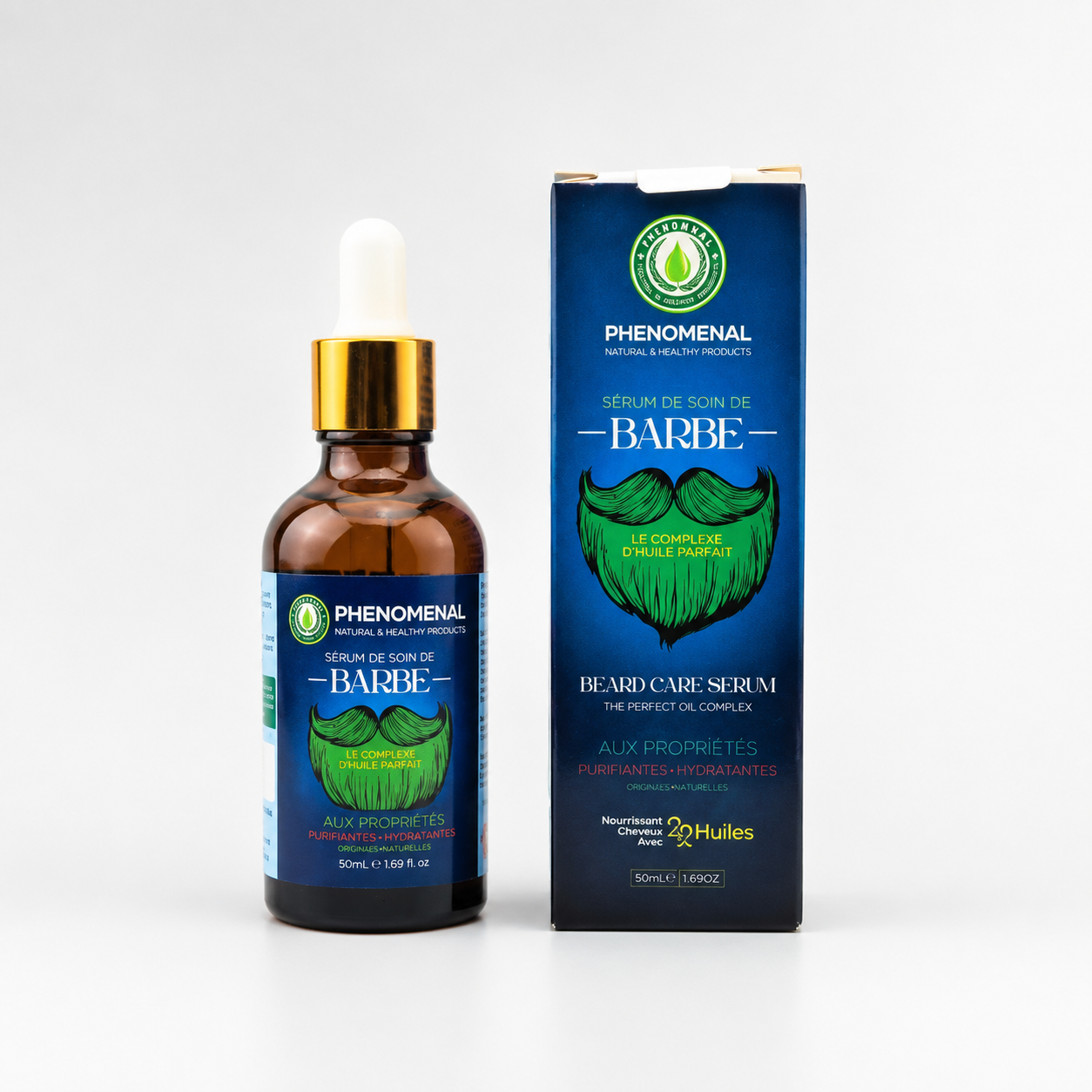 Sérum de soin pour barbe PhenoMenal LAB en flacon, application sur barbe bien taillée, hydratation et soin de la peau.