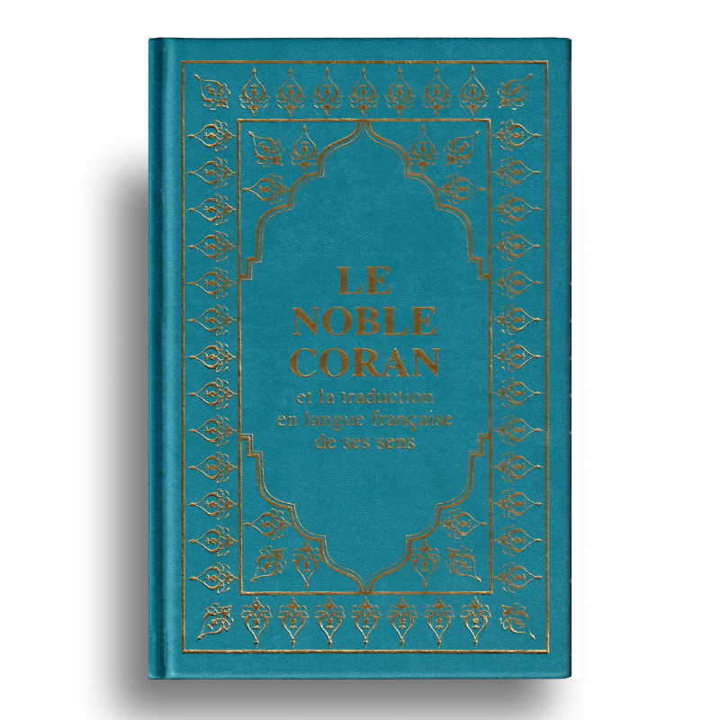 Coran AR/FR Sana Edition, format 15x22 cm, bleu turquoise, page ouverte montrant le texte arabe et français.