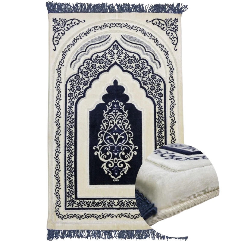 Tapis de prière Sana Edition en microfibre bleu avec mémoire de forme, confort orthopédique pour la prière.