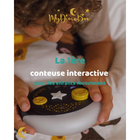 Jeu électronique MyDineBox Conteuse interactive islamique pour enfants avec écran et boutons colorés, conçu pour l'apprentissage interactif.