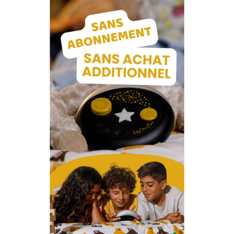 Boîte de jeu électronique MyDineBox Conteuse interactive islamique pour enfants avec écran et boutons colorés.
