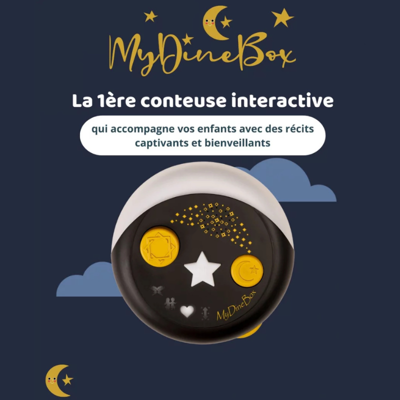 Jeu électronique interactif MyDineBox Conteuse islamique pour enfants, design coloré et éducatif sur la religion islamique.