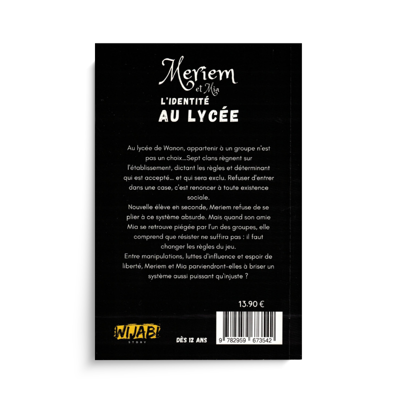 Livre pour enfants Meriem et Mia – L’Identité Au Lycée de Wijabi Story, couverture illustrée avec personnages d'adolescents.