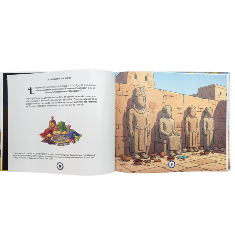 Livre enfant La Conversion à l’islam d’Abou Bakr, édition Assia, couverture avec design sans titre et illustration colorée.