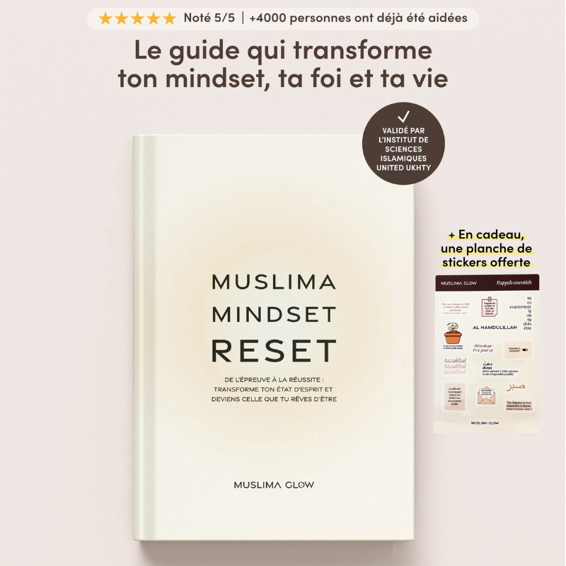 Livre Muslima Mindset Reset de Muslima Glow, guide de transformation islamique pour femmes, avec couverture designée élégante.