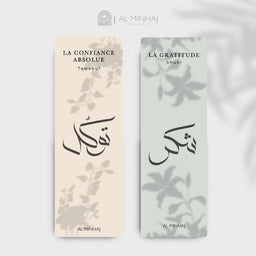 Deux marque-pages Al Minhaj Tawakul et Shukr avec designs élégants, parfaits pour marquer vos pages avec style et foi.