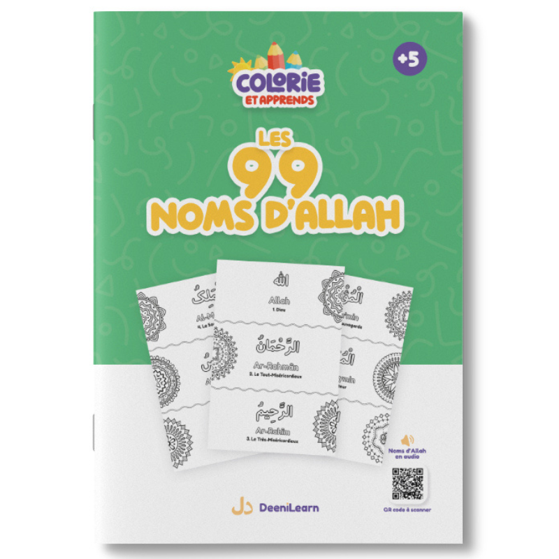 Livre pour enfants "Les 99 Noms d’Allah" de DeeniLearn, illustration colorée et éducative pour apprendre les noms sacrés.