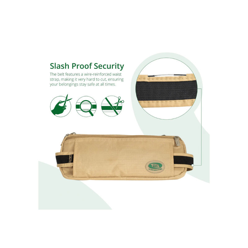 Ceinture beige Hajj Safe avec sacoche antivol intégrée, design élégant et pratique pour la sécurité en déplacement.