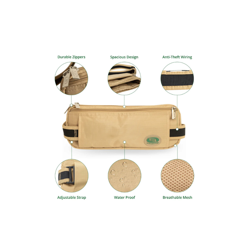 Ceinture beige Hajj Safe avec sacoche antivol intégrée, idéale pour voyager en toute sécurité et style.