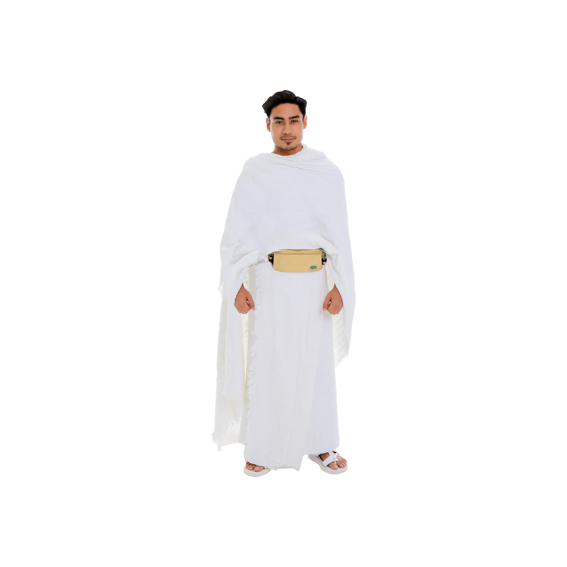 Ceinture Hajj Safe beige avec sacoche antivol intégrée, idéale pour voyager en toute sécurité lors du pèlerinage.