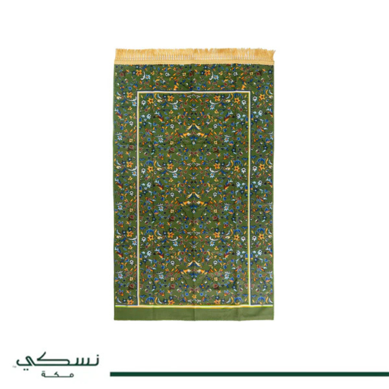 Tapis de prière Nusuki Al-Rawda vert et rouge, design élégant et confortable pour la pratique religieuse, vue de l'image.