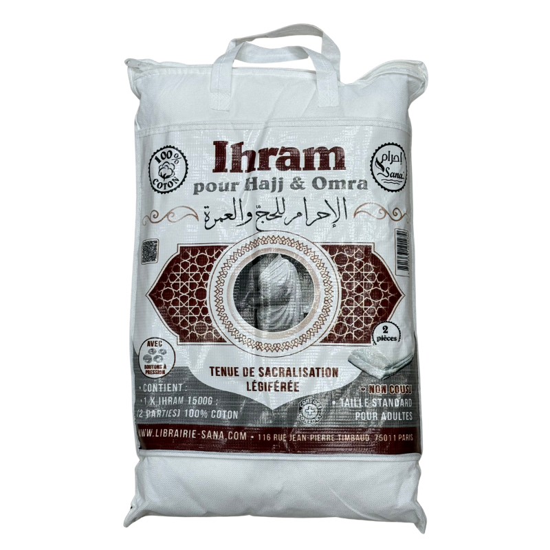IHRAM Sana Edition en coton avec boutons, tenue de sacralisation pour le pèlerinage, vêtement islamique traditionnel blanc.