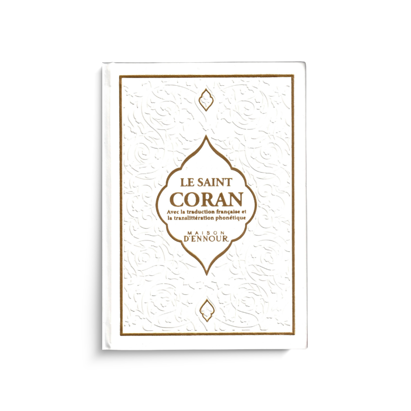 Coran arabe-français avec phonétique, 13x17 cm, livre sacré musulman de Maison D'Ennour, page ouverte avec calligraphie.